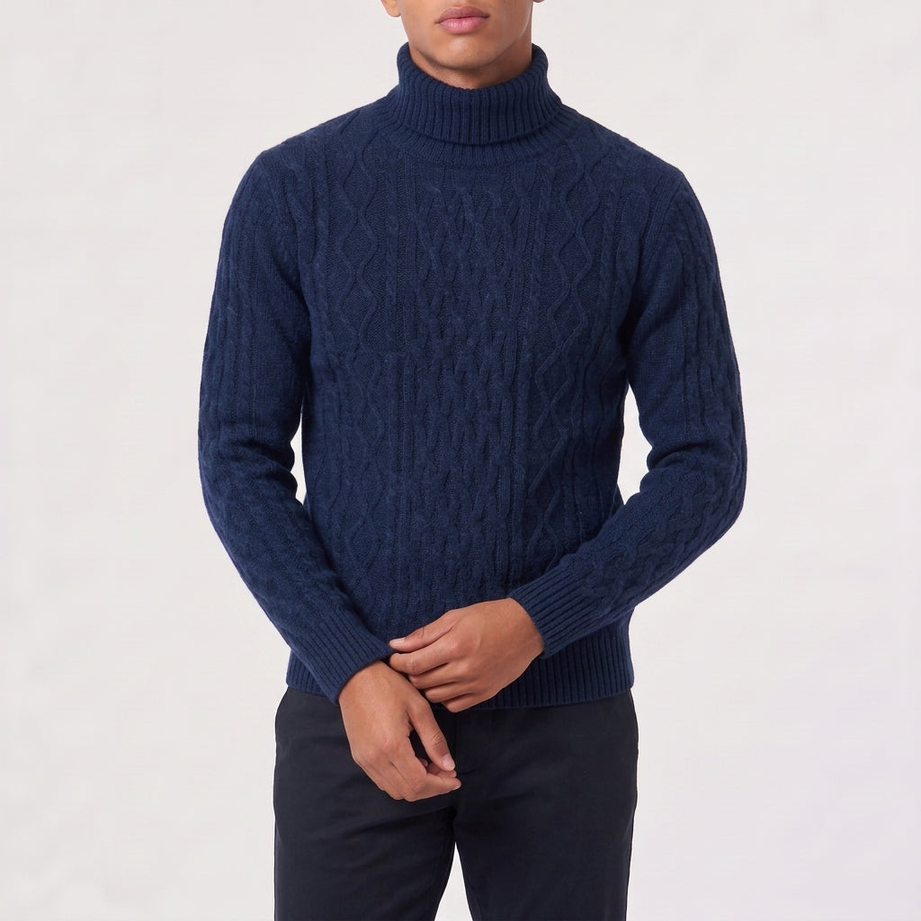 Digby Wool Blend Cable Turtleneck - Navy