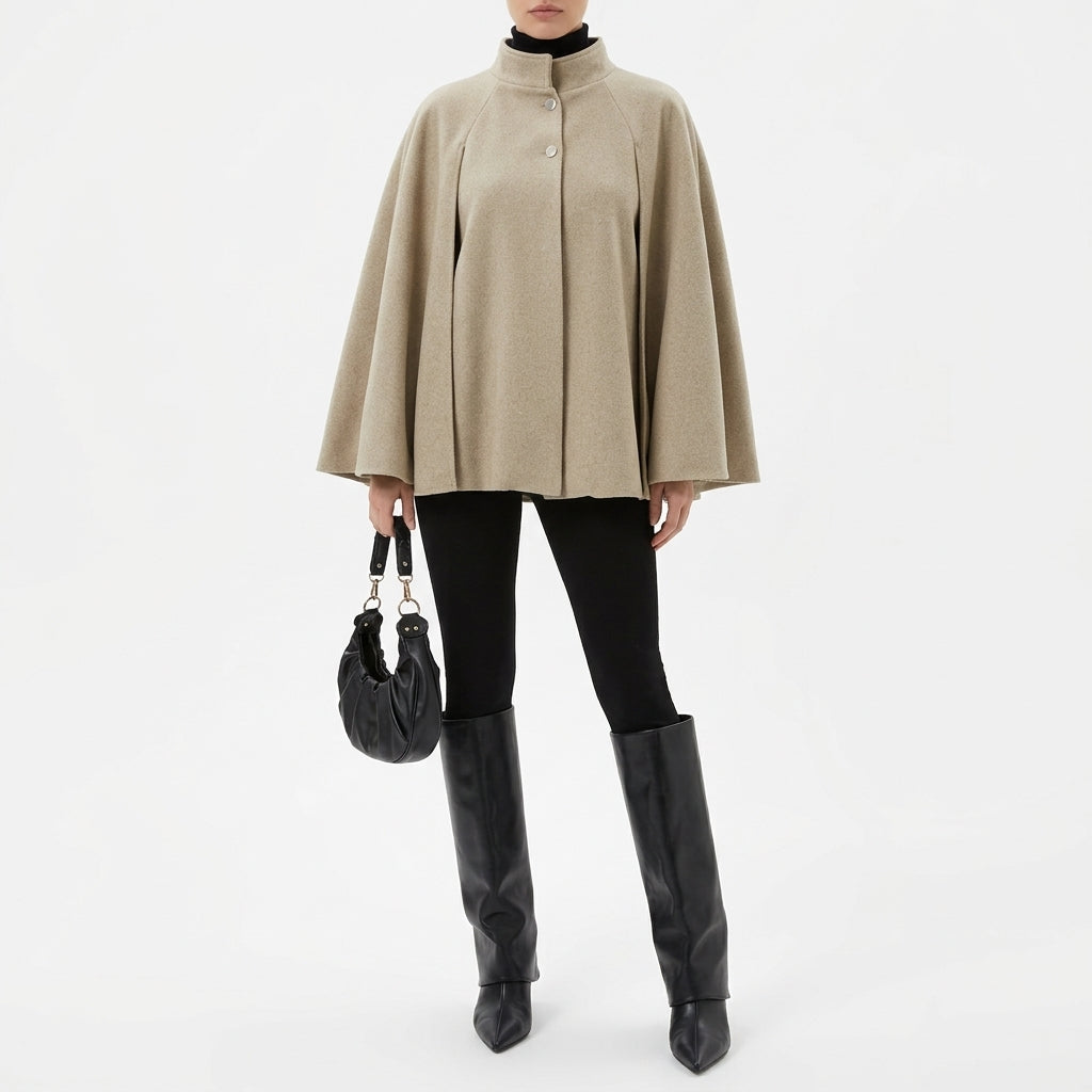 Tilde Stand Collar Cape - Beige
