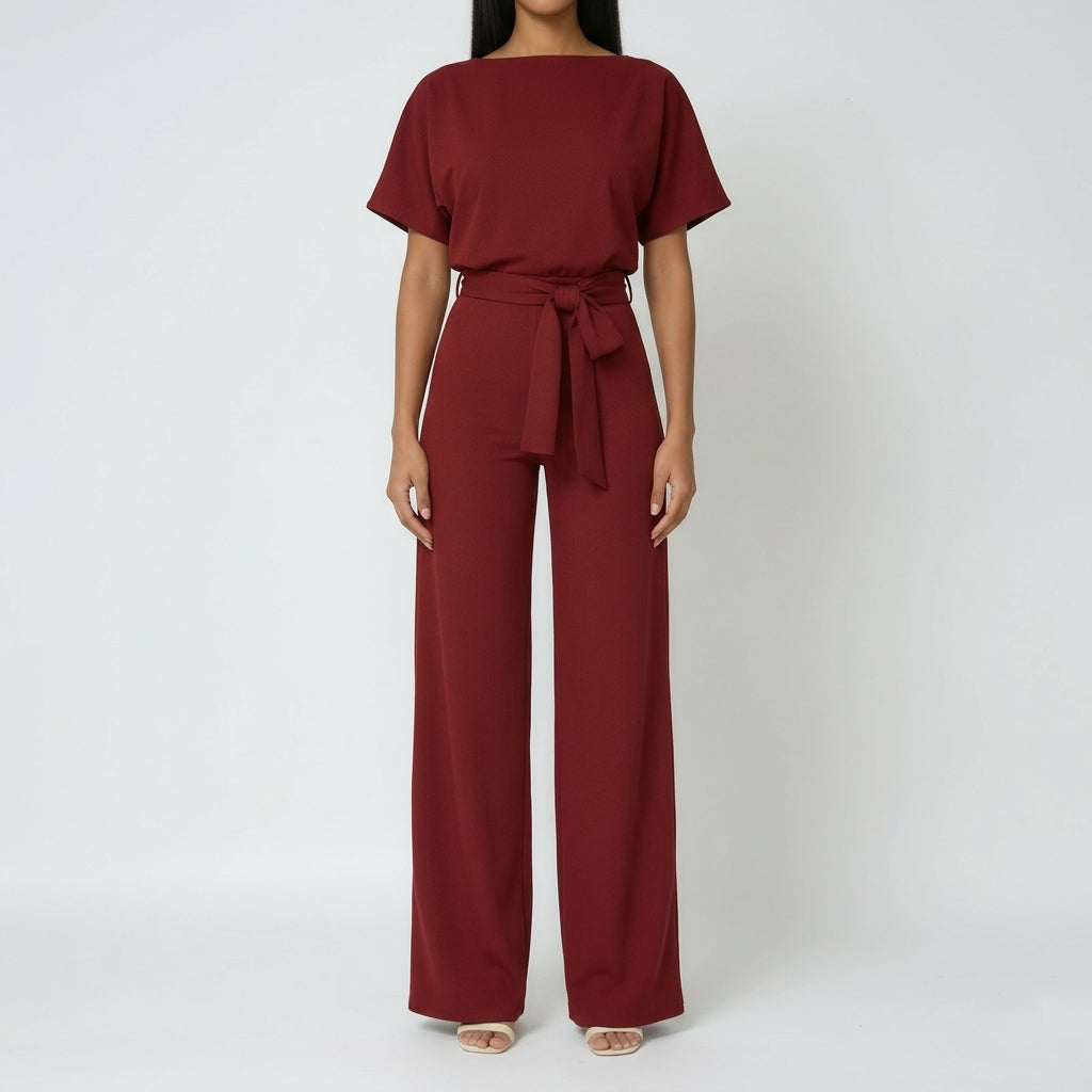 Ottilia Tie Waist Jumpsuit - Burgundy