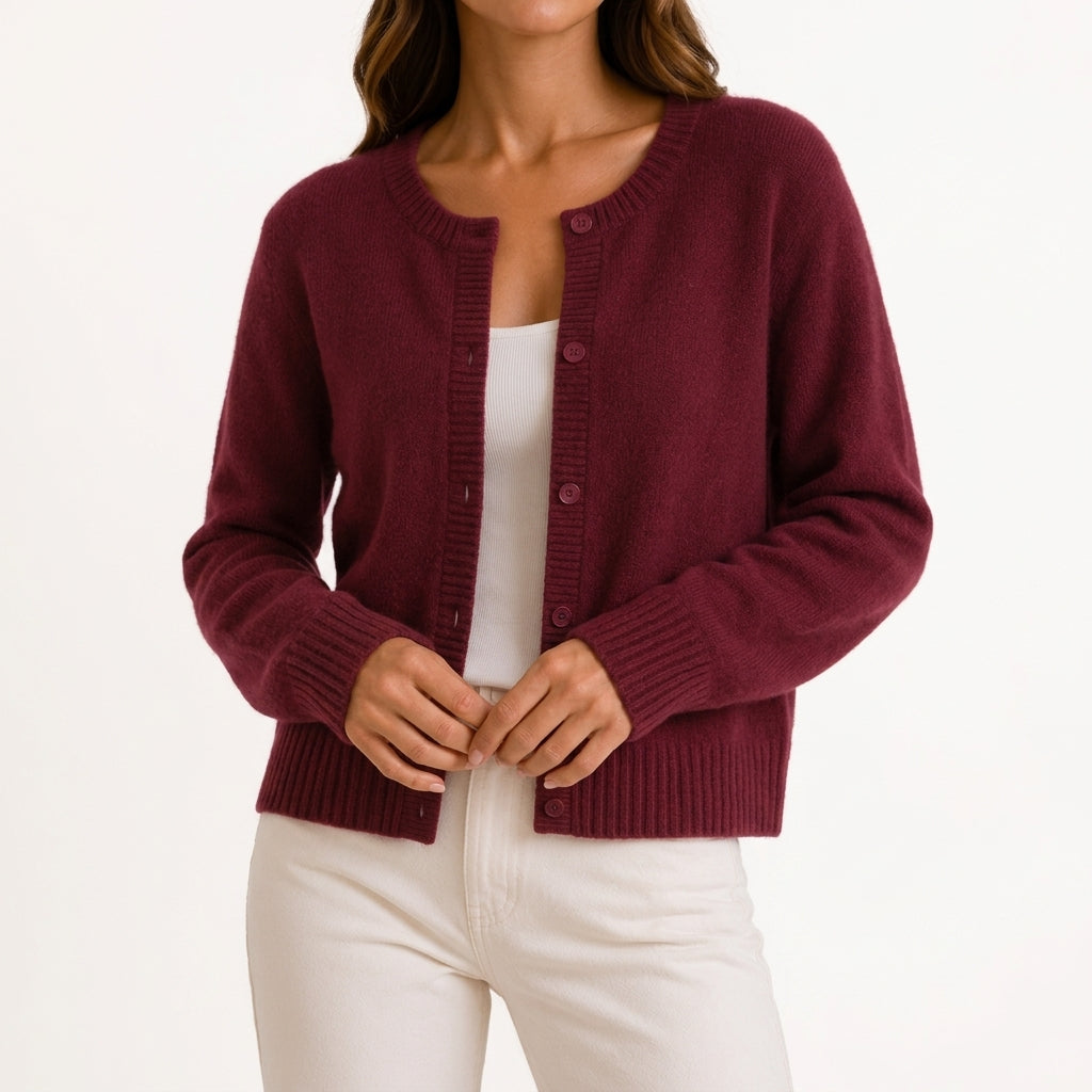 Solvej Crew Neck Cardigan - Burgundy