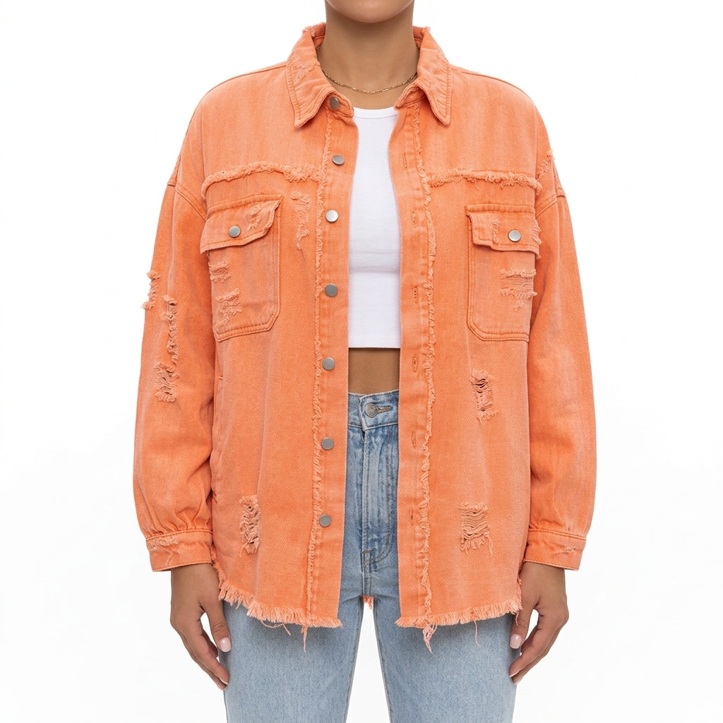 Siri Distressed Denim Shacket - Orange