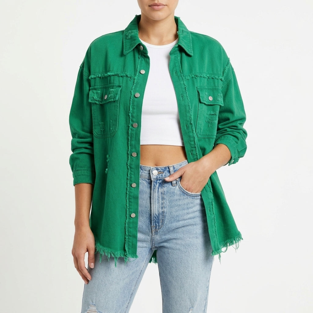Siri Distressed Denim Shacket - Green