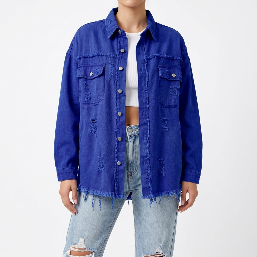 Siri Distressed Denim Shacket - Blue