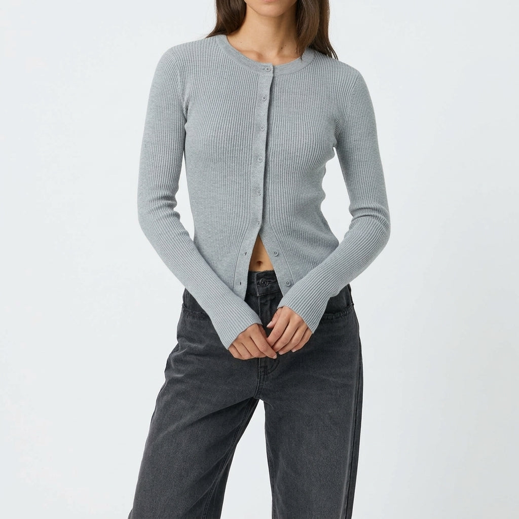 Mathilde Fitted Rib Cardigan - Grey