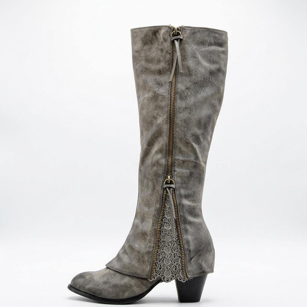 Grete Lace Trim Knee Boots - Grey