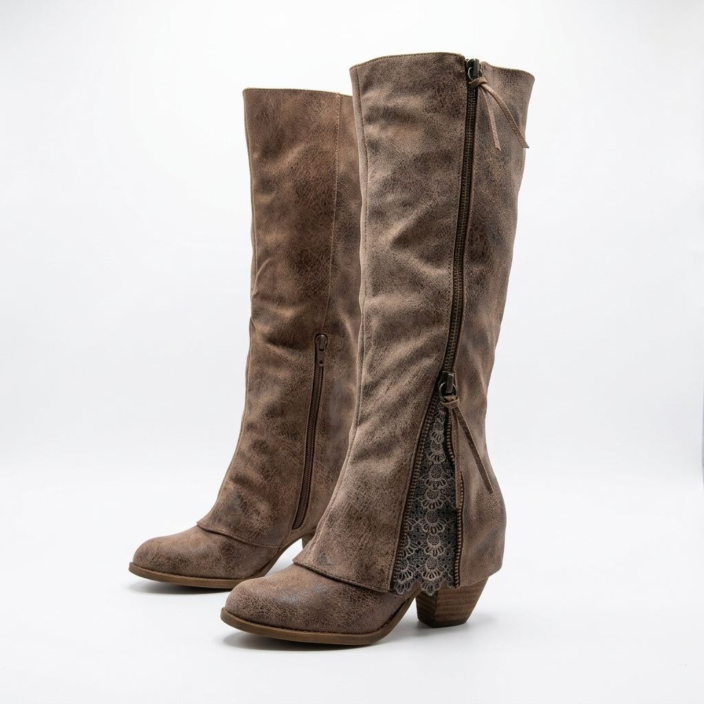 Grete Lace Trim Knee Boots - Brown