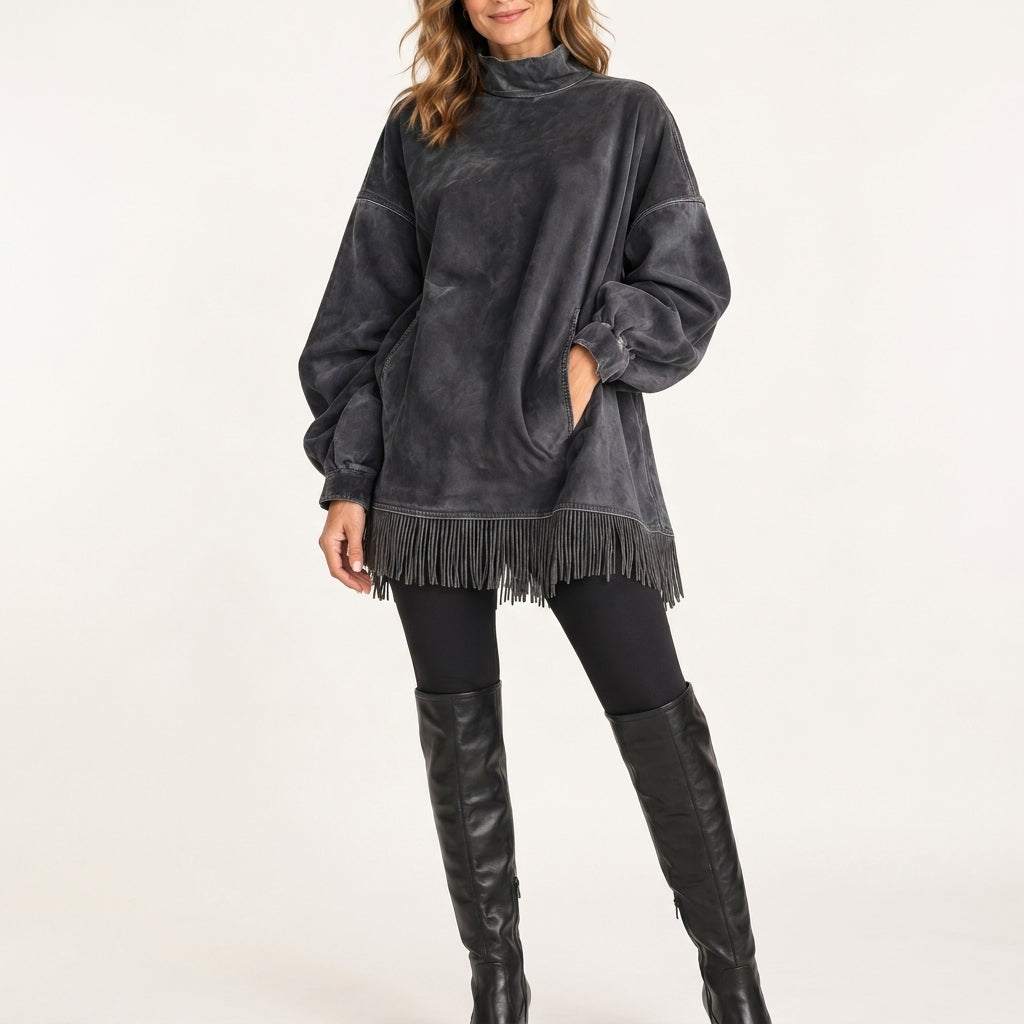 Rakel Suede Fringe Dress - Charcoal