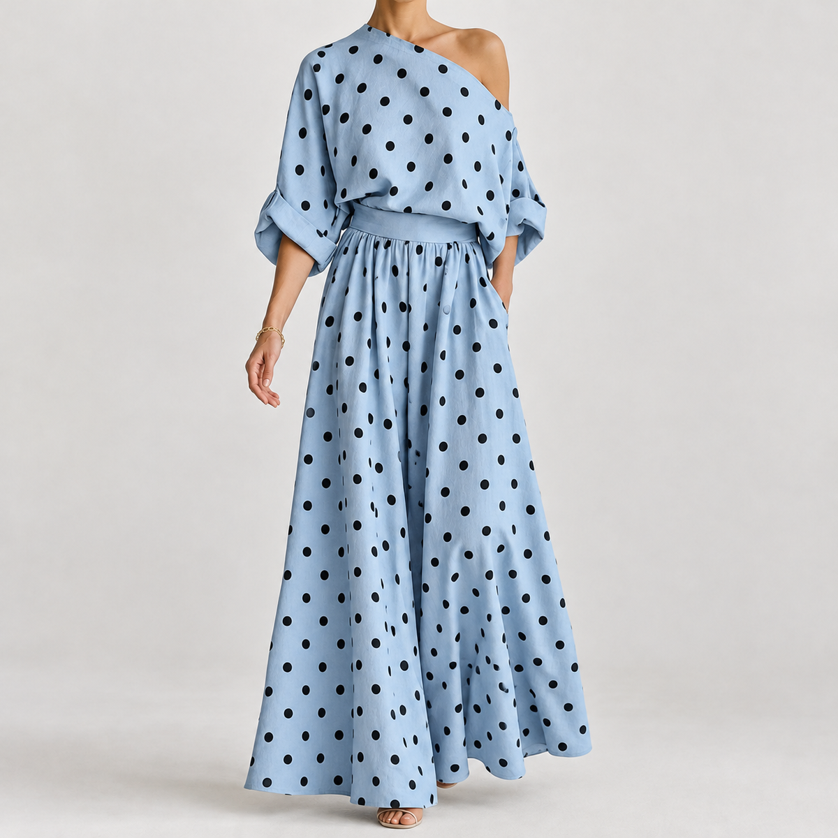 Rosaria Off Shoulder Skirt Set - Wave Point-blue