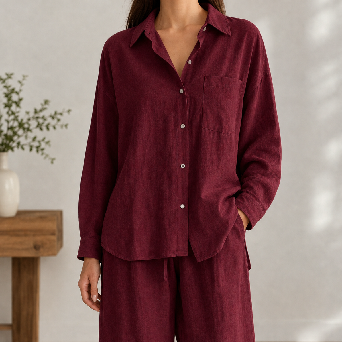 Christine Relaxed Pants Set - Wine Red