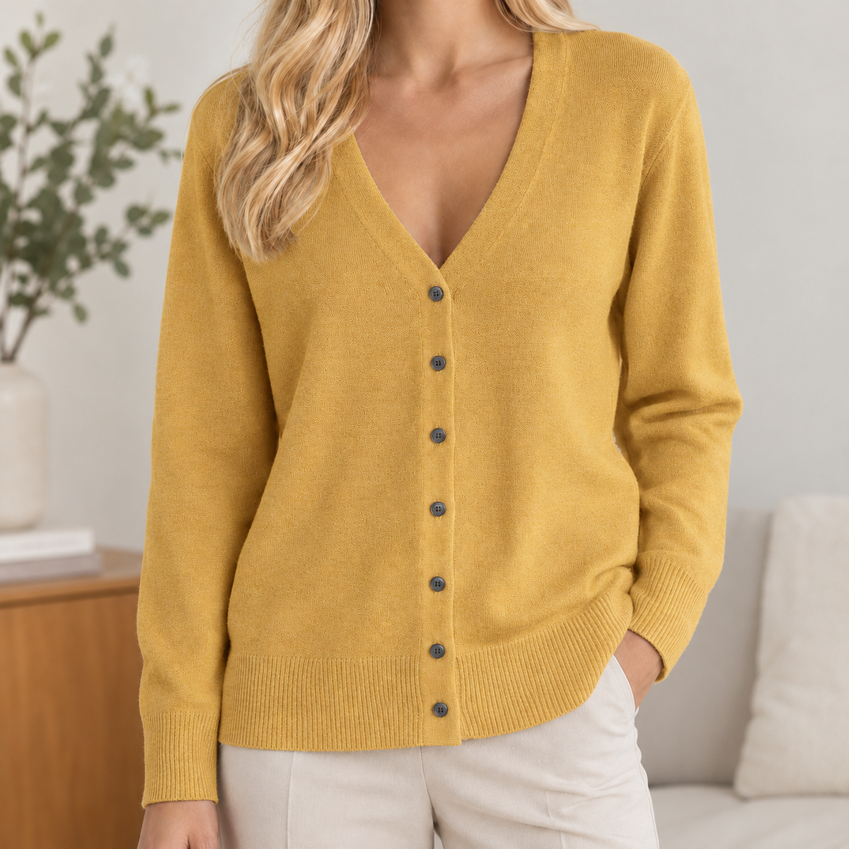 Friederike Button Front Cardigan - Mustard Yellow