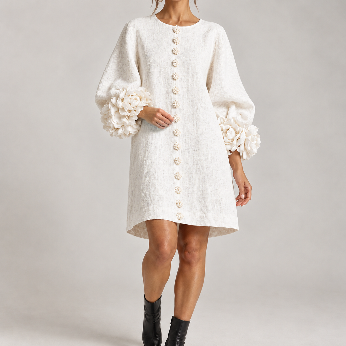 Helma Floral Cuff Dress - White