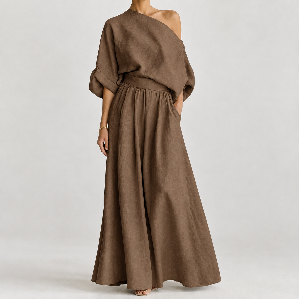 Rosaria Off Shoulder Skirt Set - Dark Brown