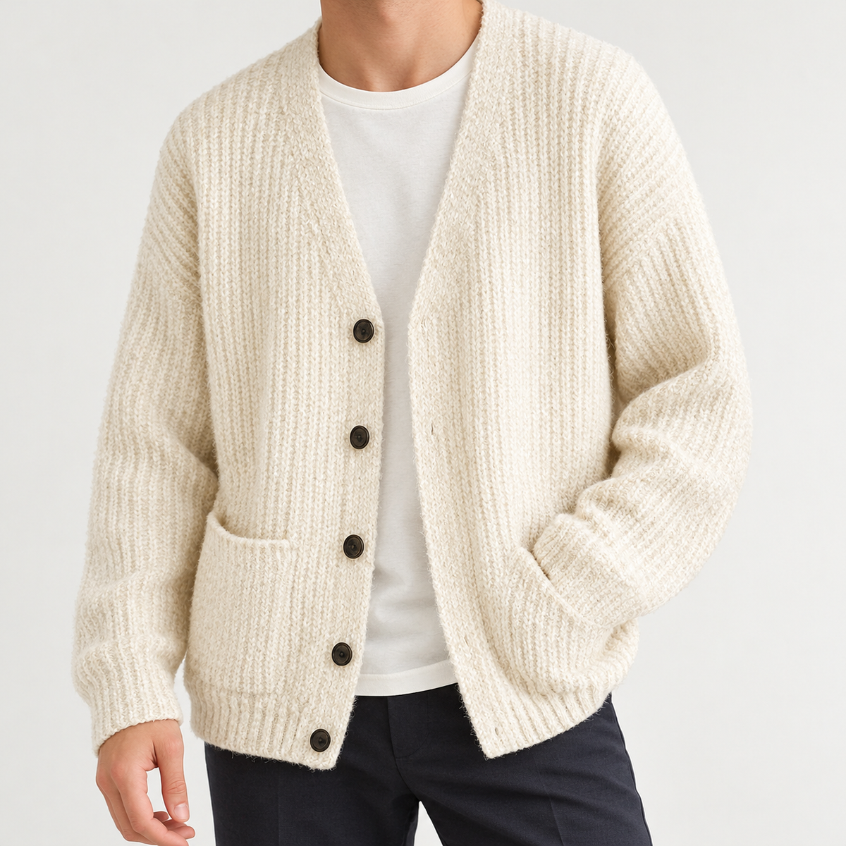 Nico Ribbed Cardigan - White Apricot
