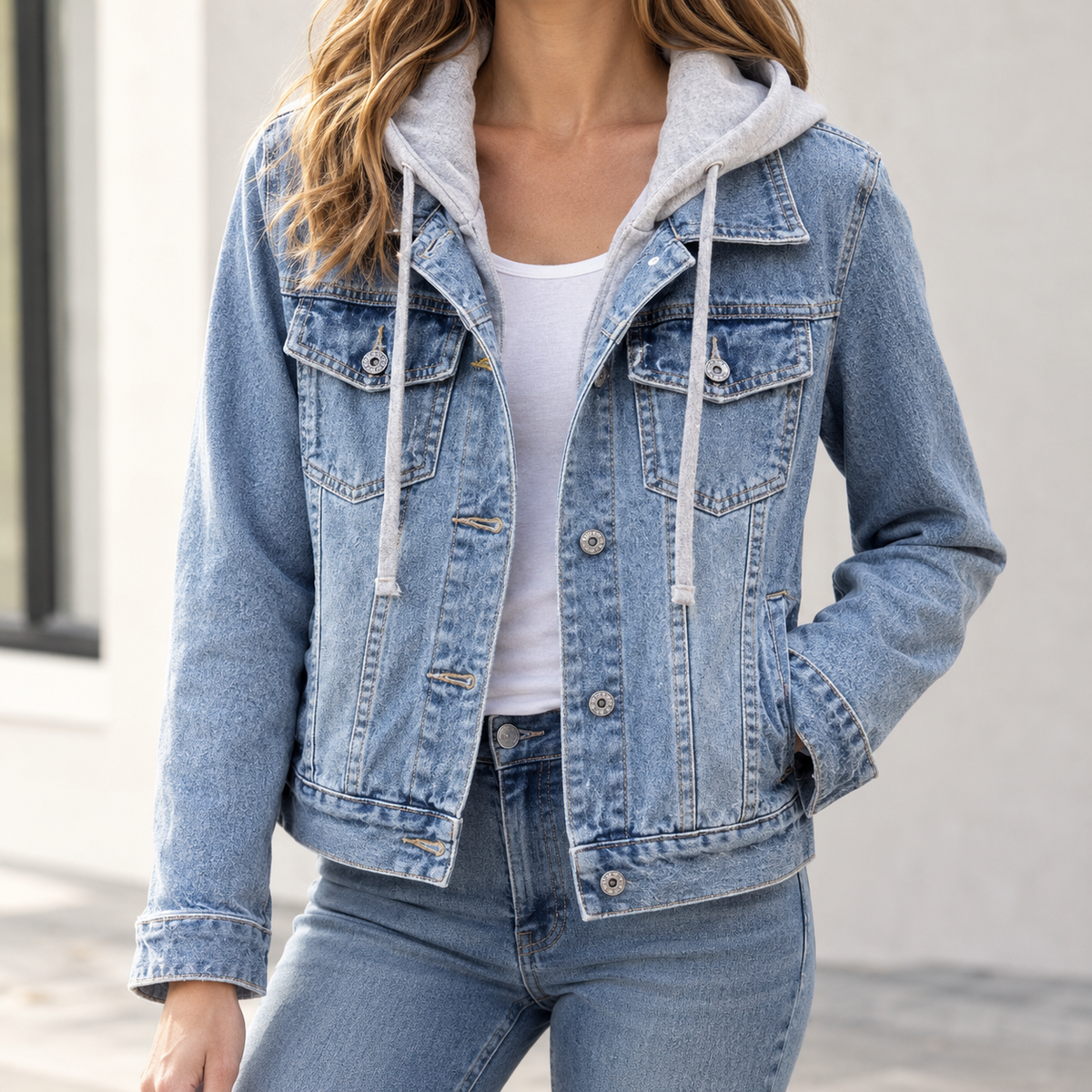 Zelie Hooded Denim Jacket - Light Blue