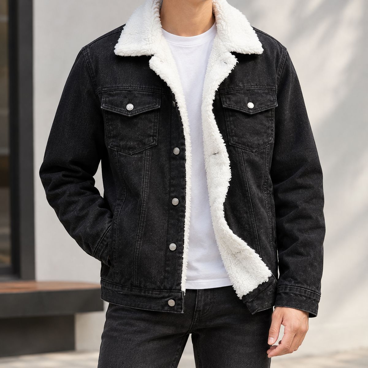 Agostino Sherpa Denim Jacket - Denim Black