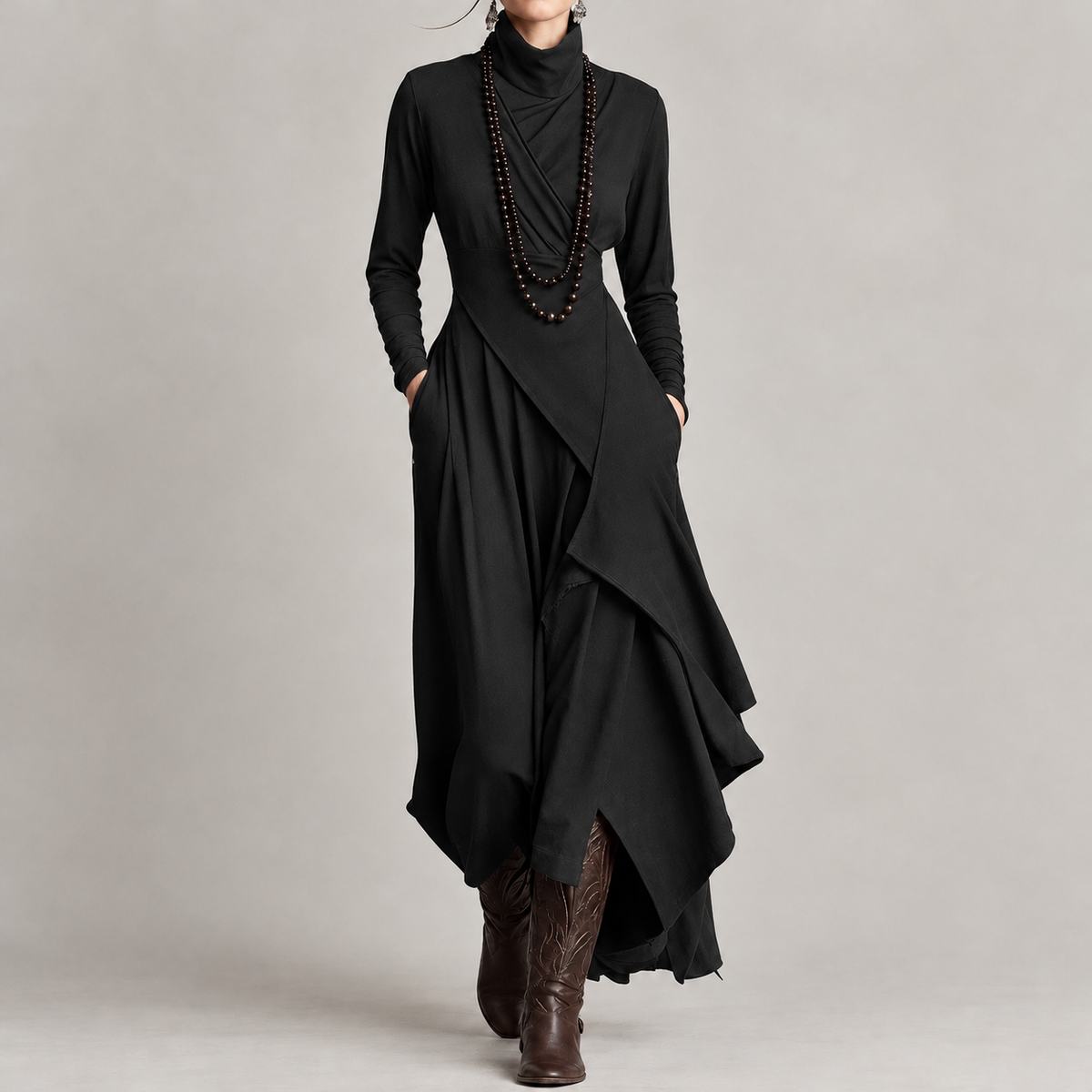 Florina Asymmetric Midi Dress - Black