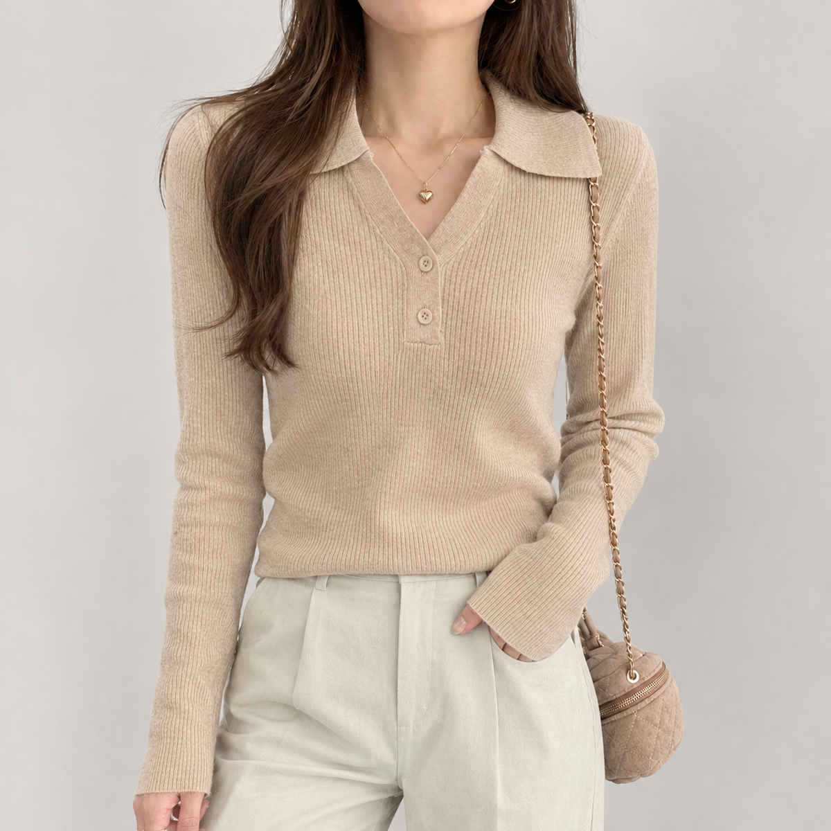 Antonietta Polo Collar Sweater - Flower Khaki