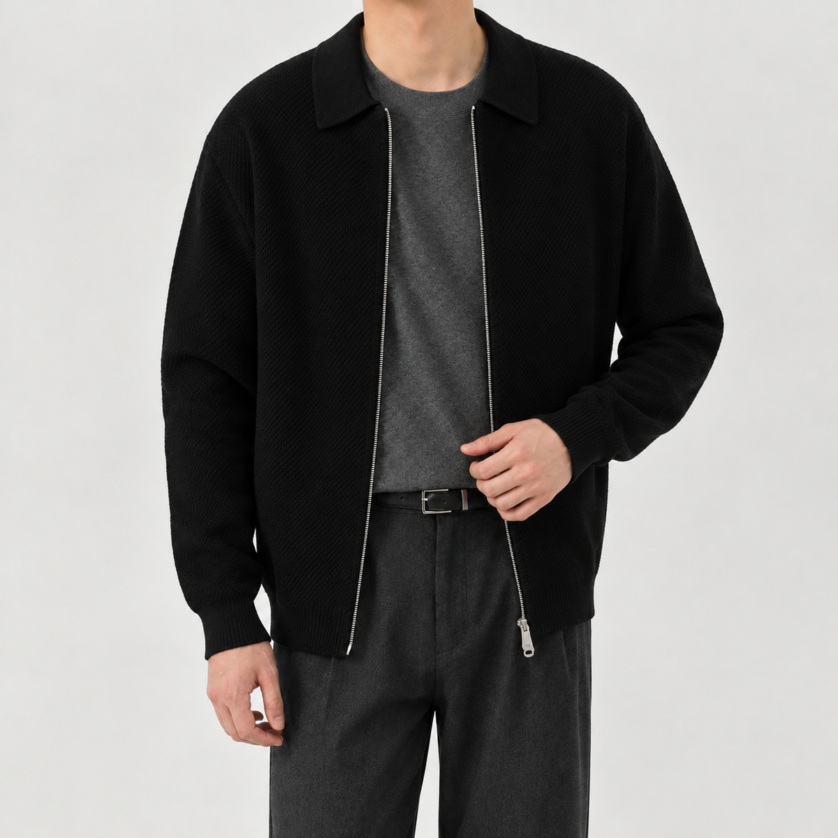 Alberico Textured Zip Cardigan - Black