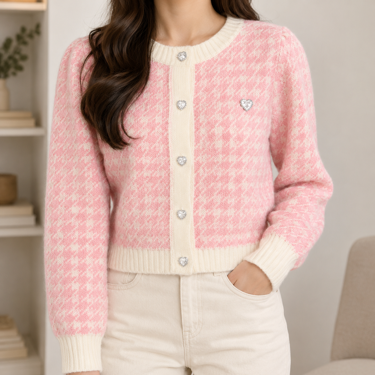 Cornelia Houndstooth Cardigan - Powder