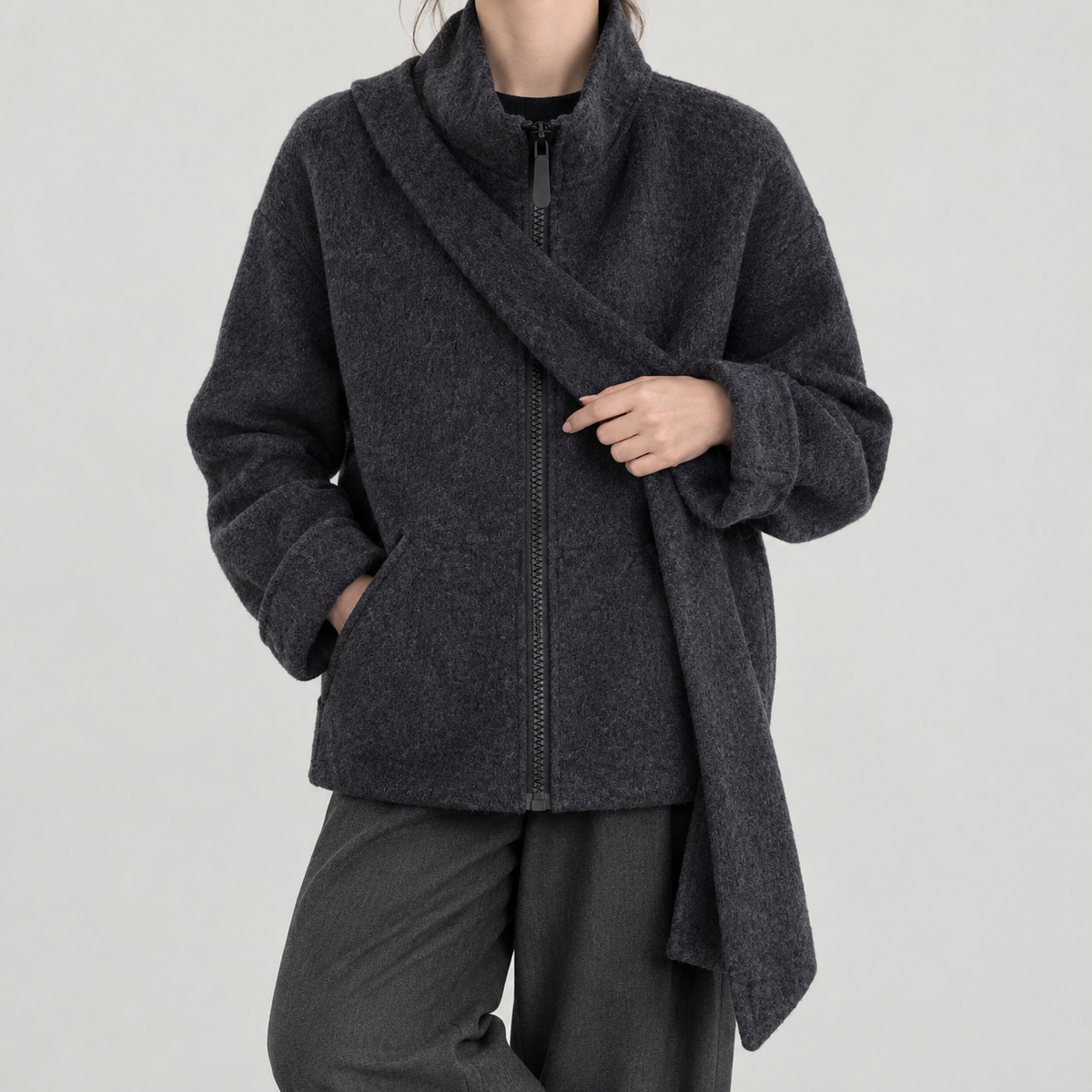 Dorrit Scarf Wool Jacket - Charcoal Gray