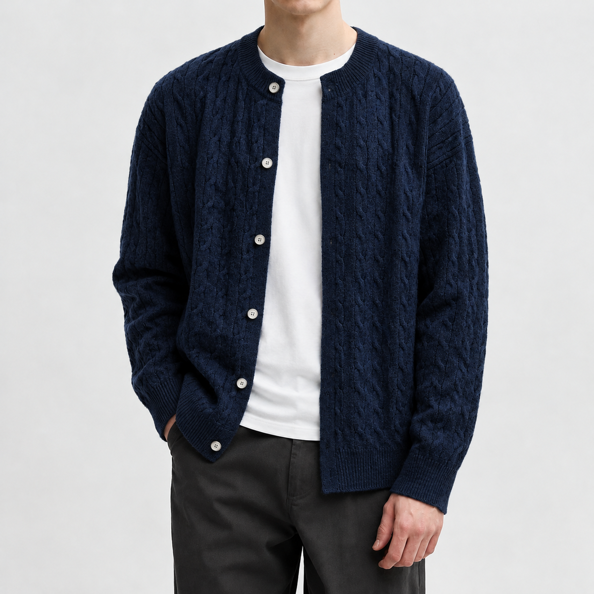 Anselme Cable Knit Cardigan - Navy Blue