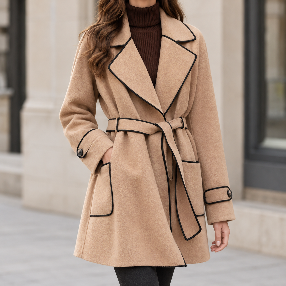 Geertje Contrast Piped Coat - Khaki