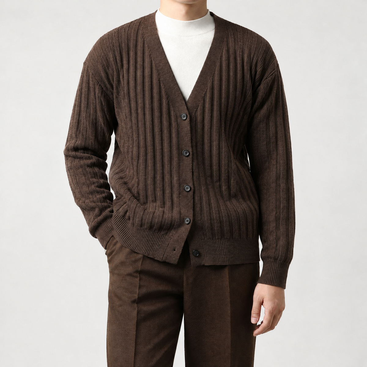 Cesar Ribbed Cardigan - Brown