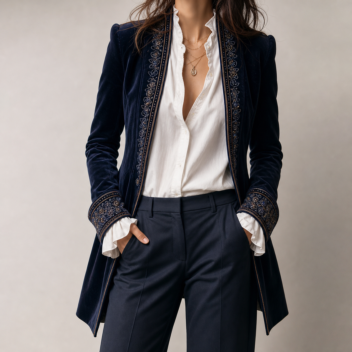 Felicie Embroidered Velvet Jacket - Navy Blue