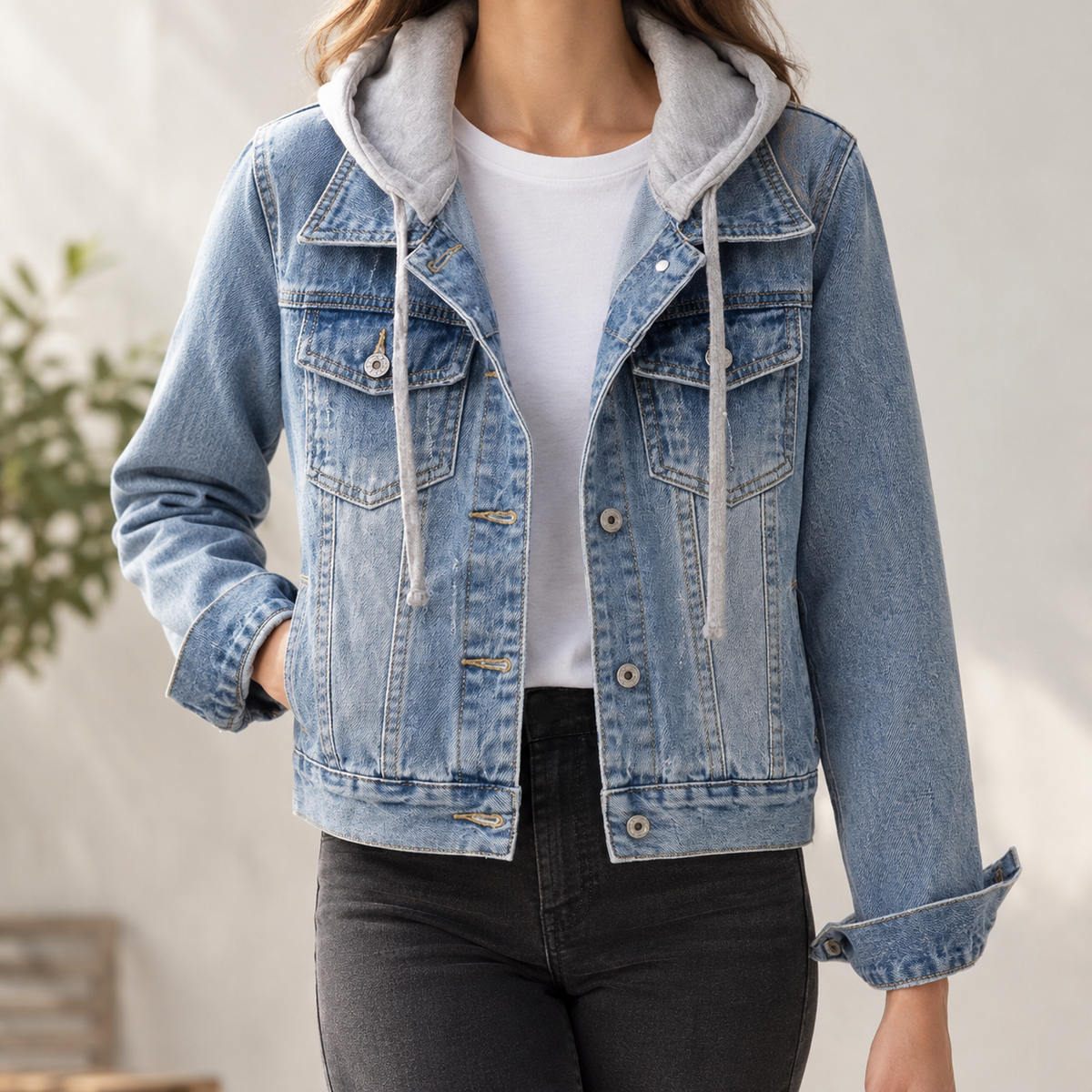 Zelie Hooded Denim Jacket - Light Blue