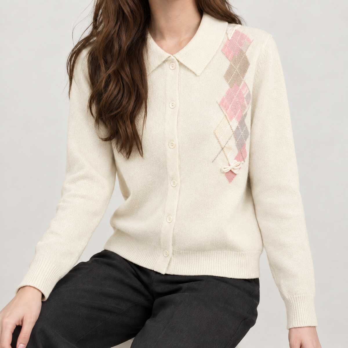 Huguette Argyle Cardigan - White