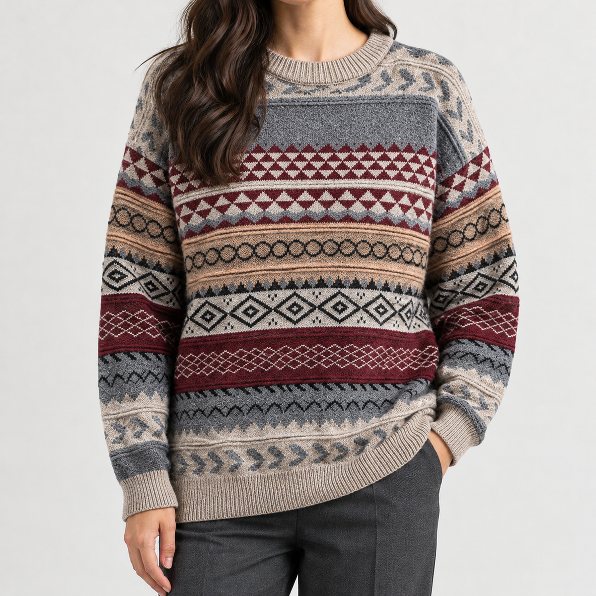 Fausta Geometric Knit Sweater - Wine Red
