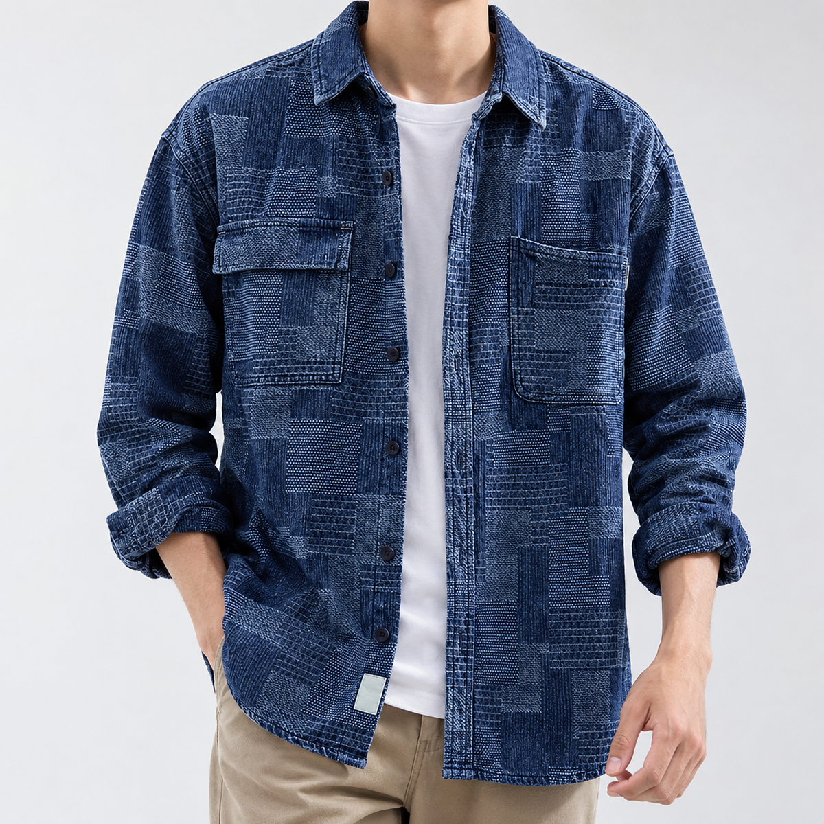 Dagfinn Patchwork Denim Overshirt - Plaid Denim