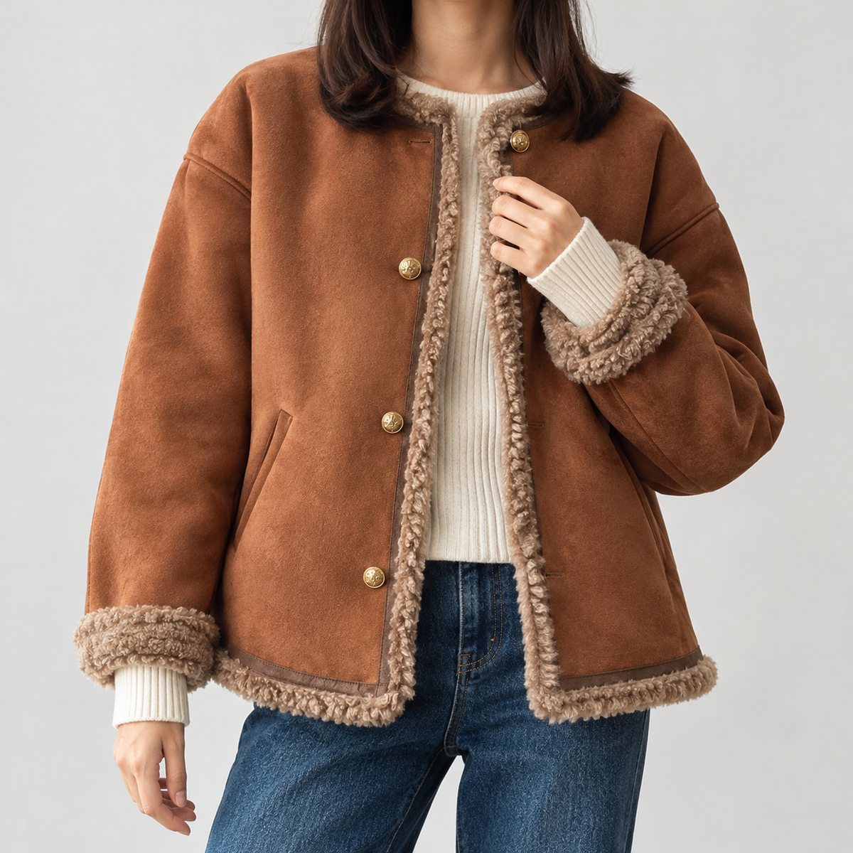 Frieda Shearling Trim Jacket - Coffee
