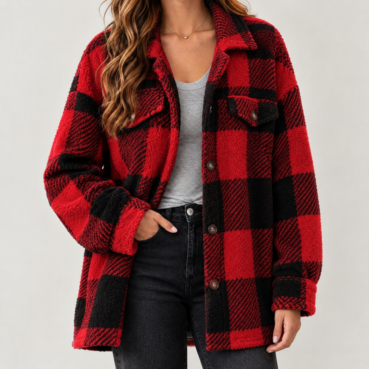 Maribel Plush Plaid Jacket - Red