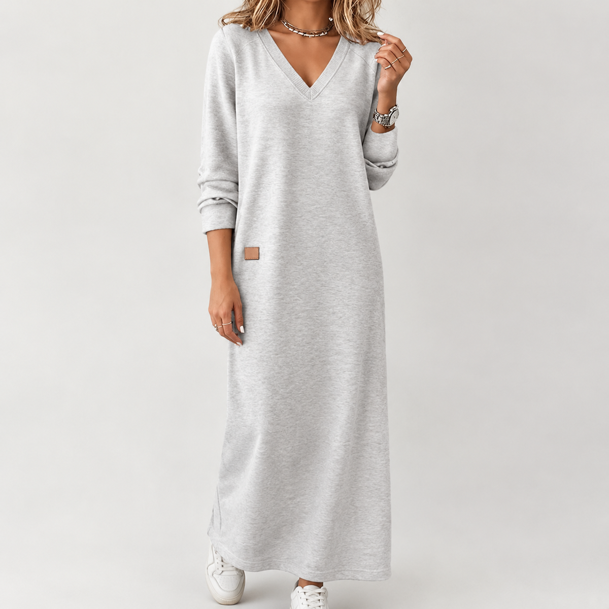 Engla V Neck Dress - Light Gray