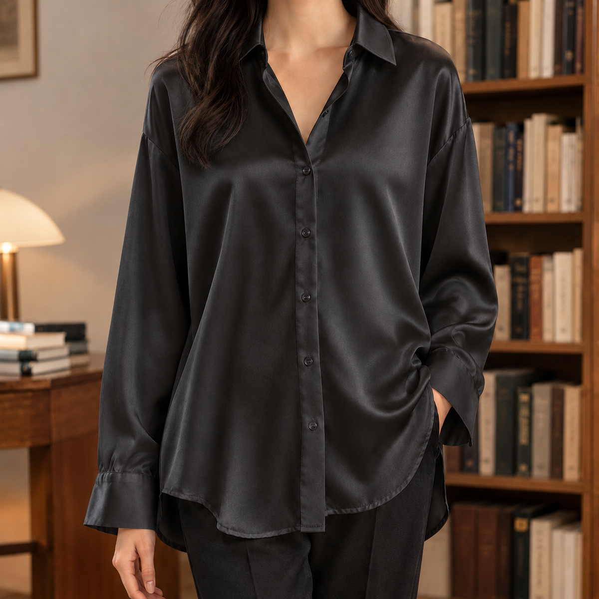 Francien Draped Satin Shirt - Temperament Black