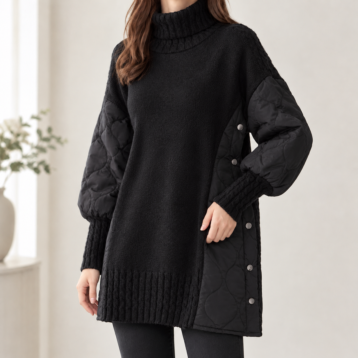 Gunhild Quilted Turtleneck Sweater - Black