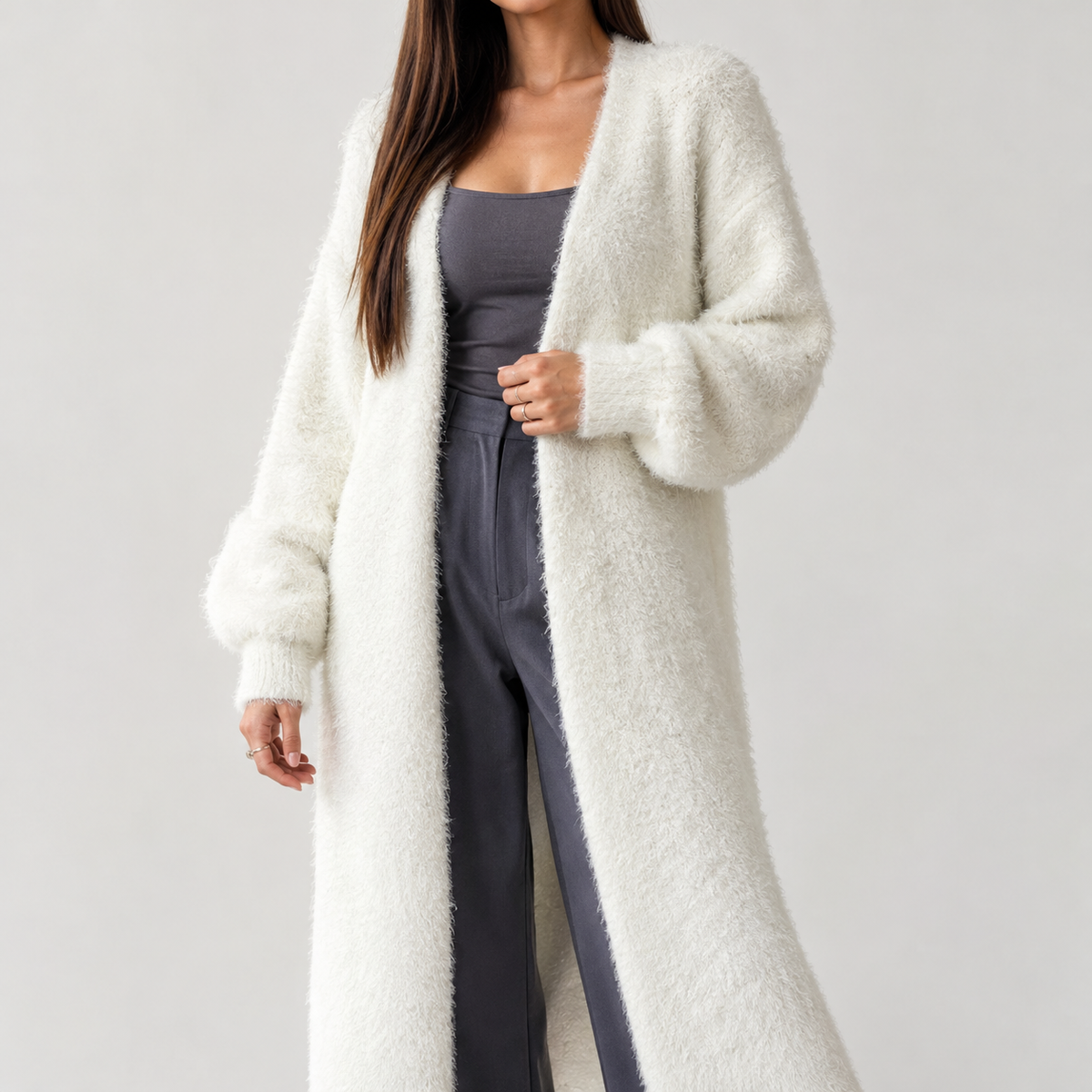 Fabiola Fuzzy Longline Cardigan - White