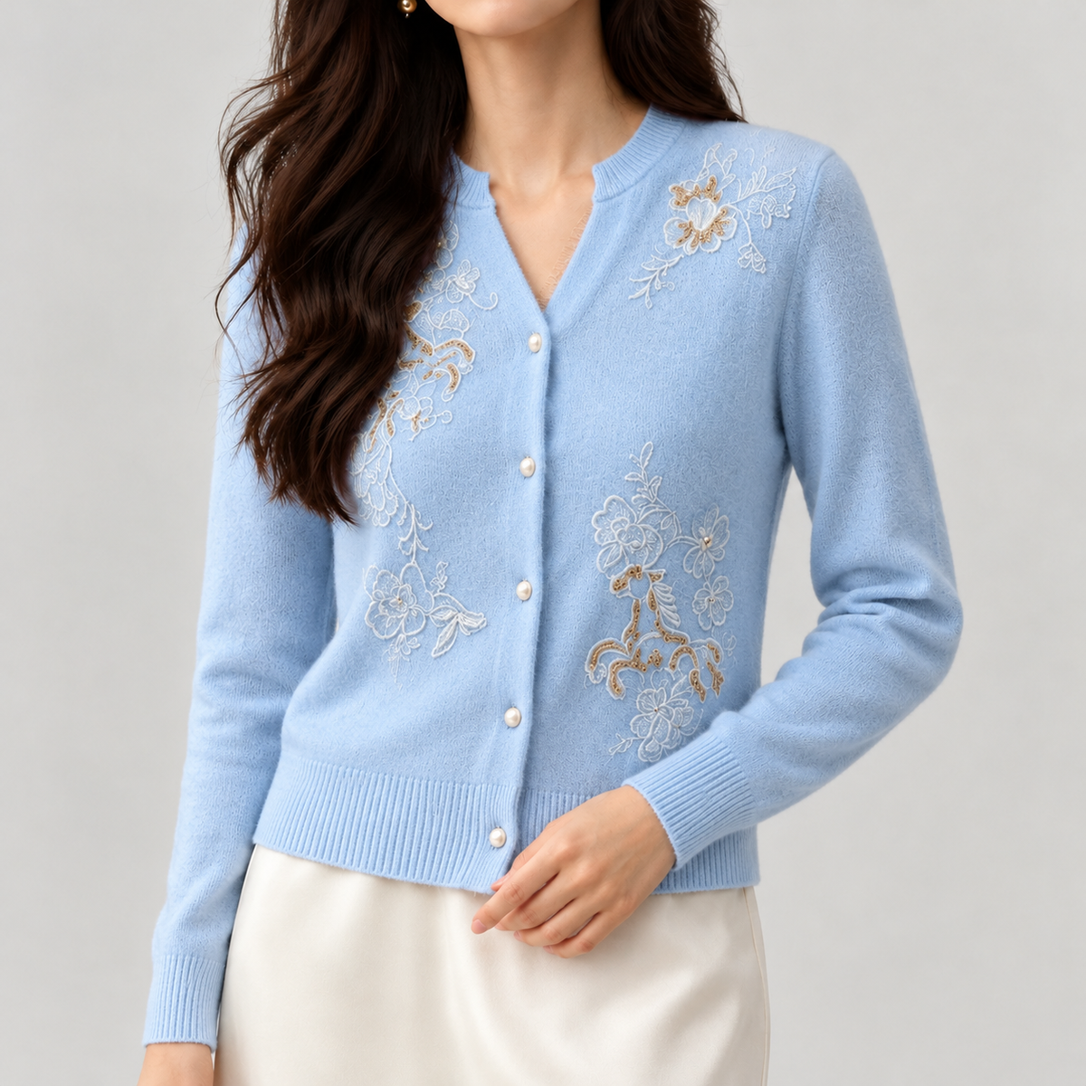 Karolien Cashmere Embroidered Cardigan - Blue