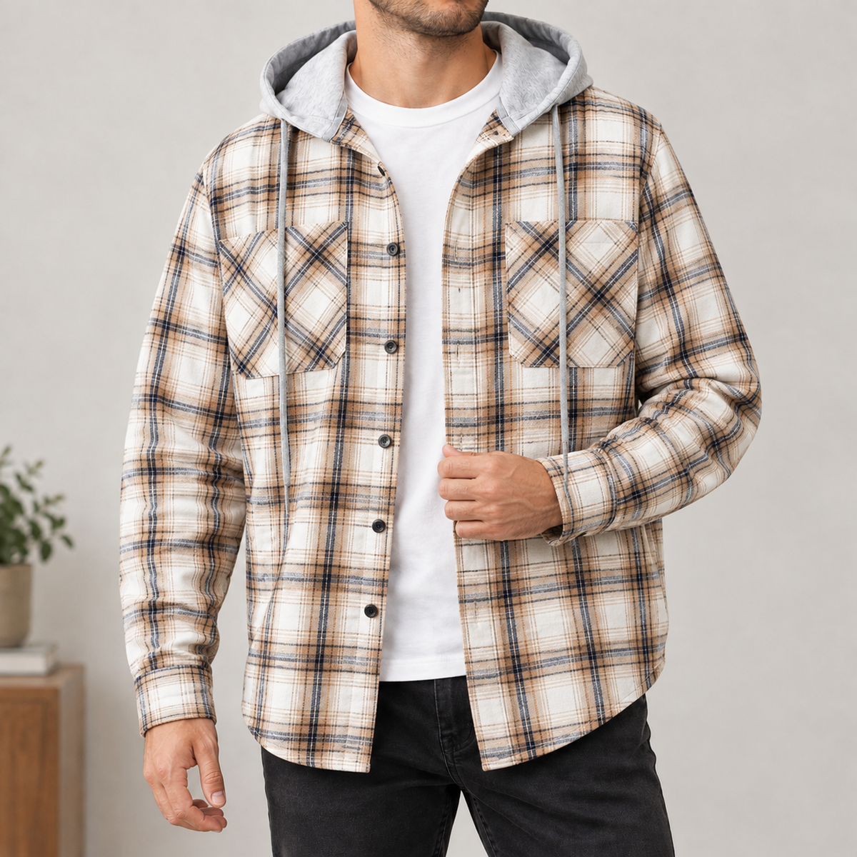 Gilberto Hooded Overshirt - Beige Check
