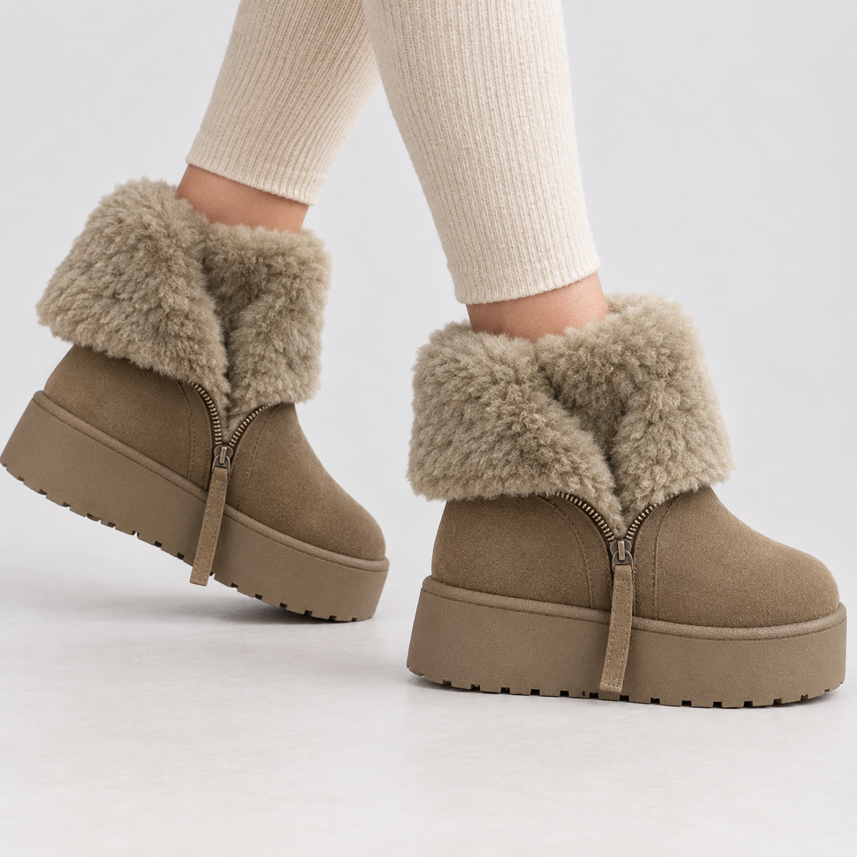 Margrethe Plush Platform Boots - Khaki