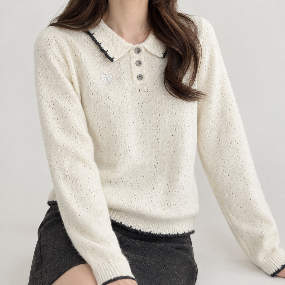 Camelia Pointelle Polo Sweater - White