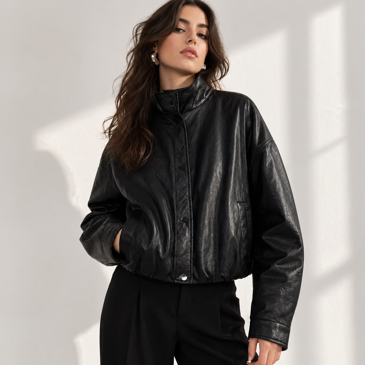 Hazel Cropped Bomber Jacket - Black