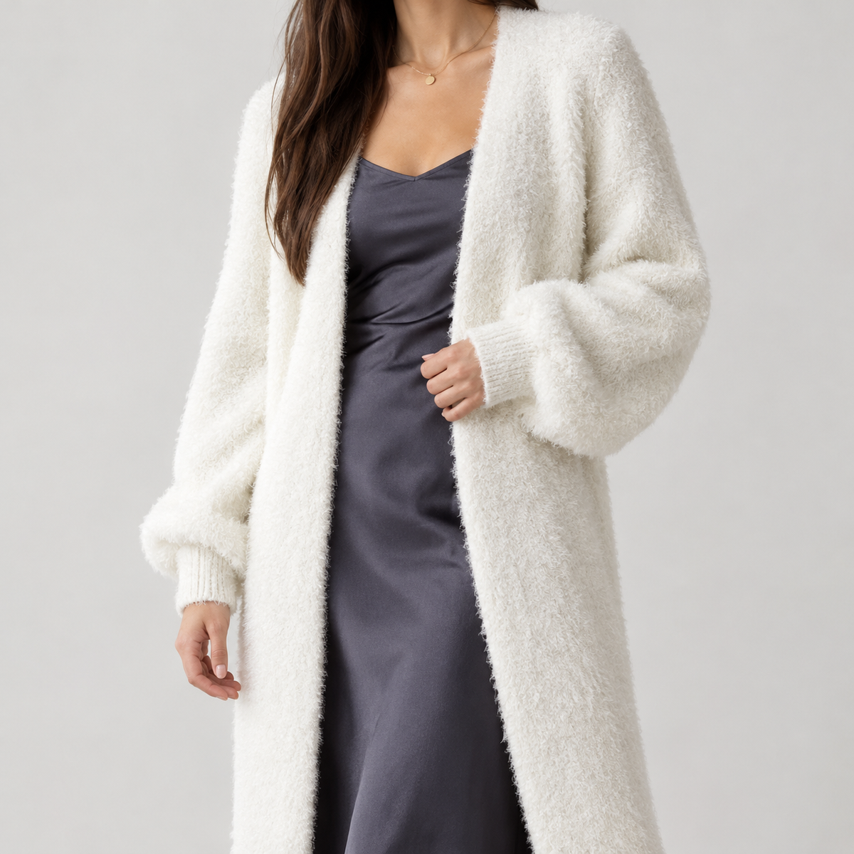 Fabiola Fuzzy Longline Cardigan - White
