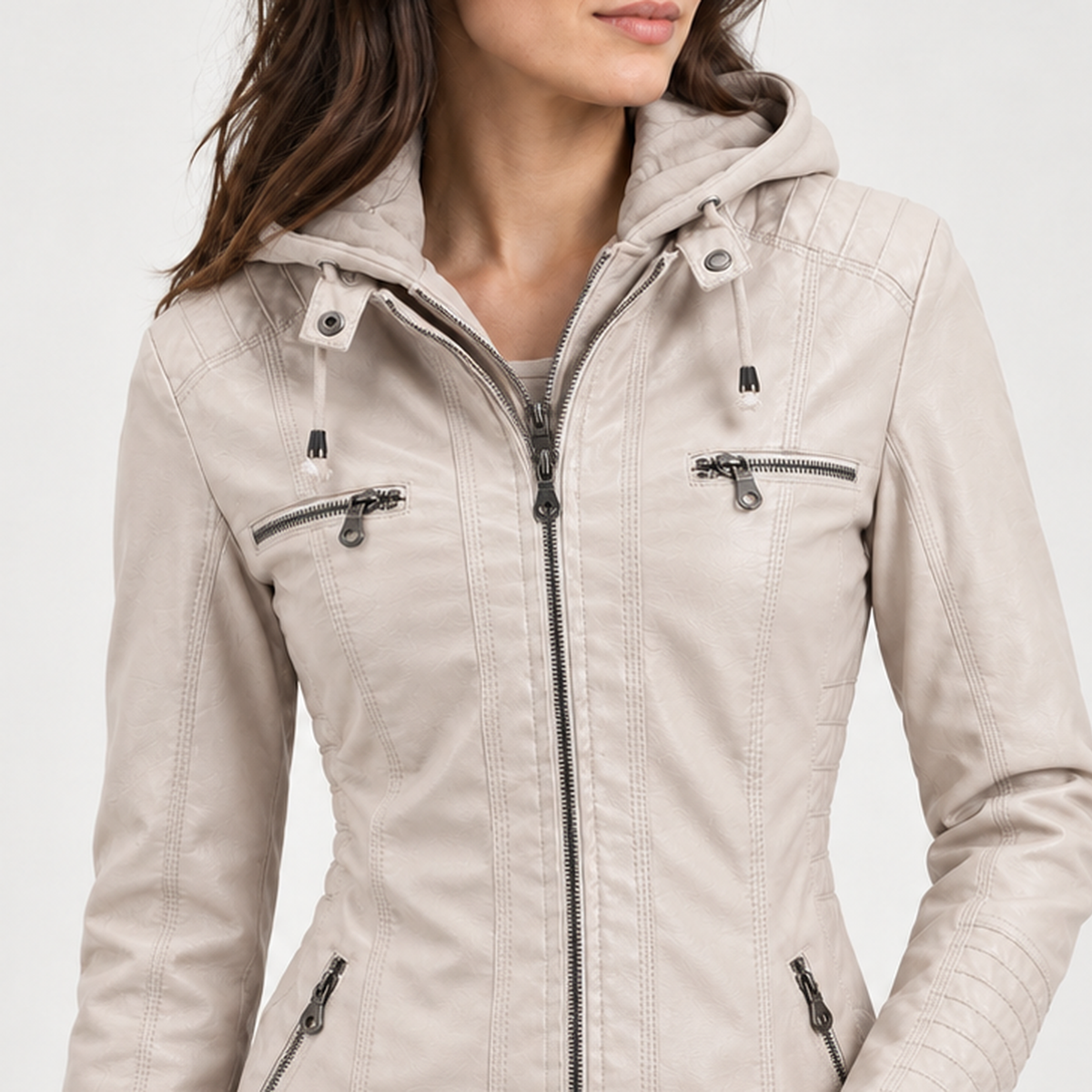 Clarisse Hooded Leather Jacket - Lead Product Detail