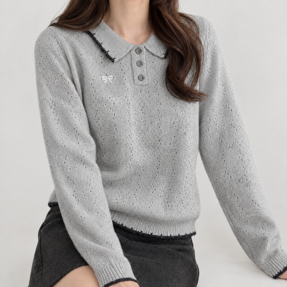 Camelia Pointelle Polo Sweater - Gray