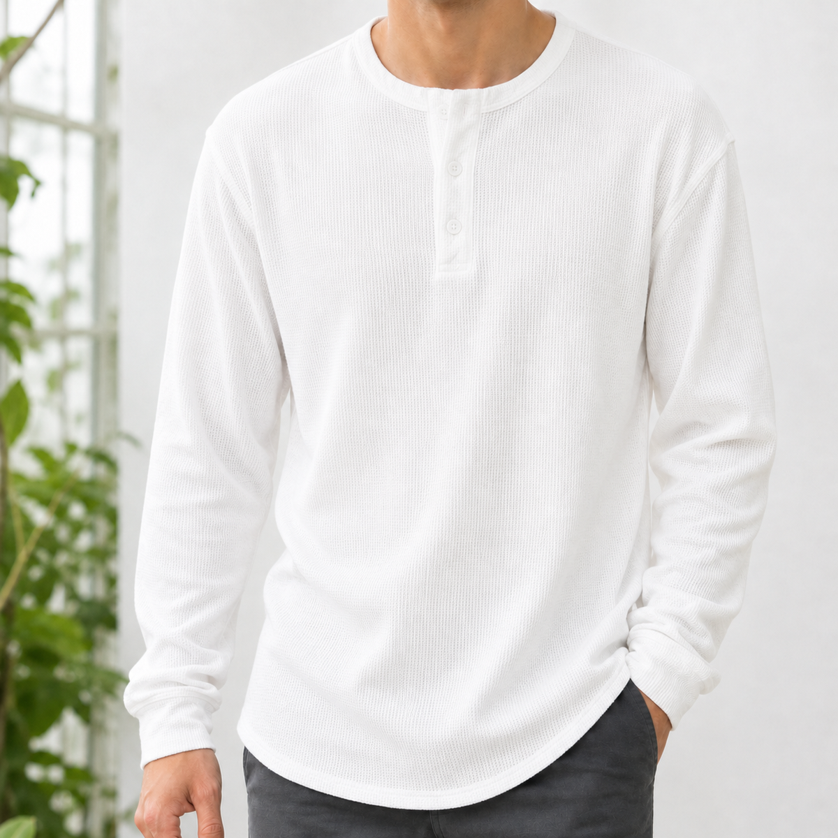 Gaston Waffle Henley Top - White