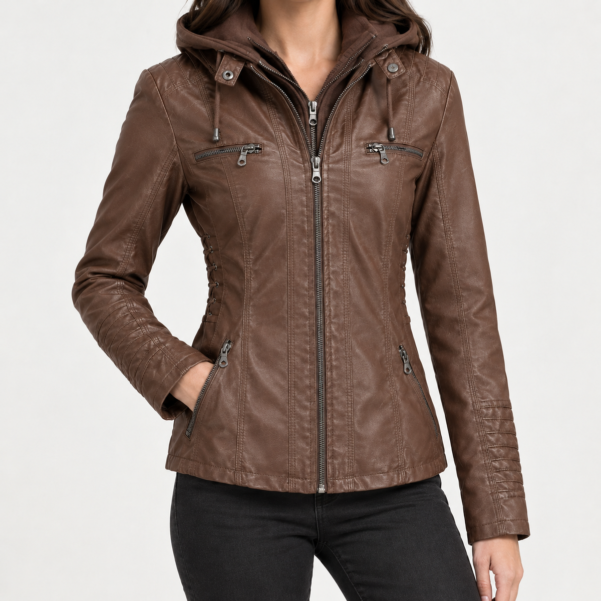 Clarisse Hooded Leather Jacket - Coffee