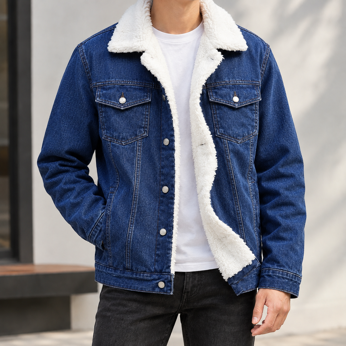 Agostino Sherpa Denim Jacket - Denim Lambskin Dark Blue