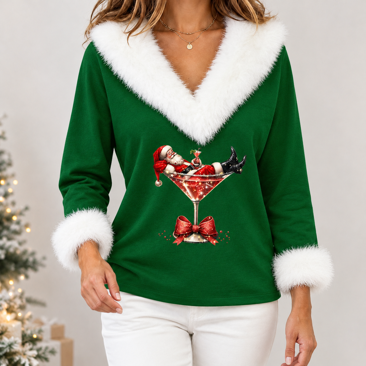 Sandrine Festive V Neck Top - Green
